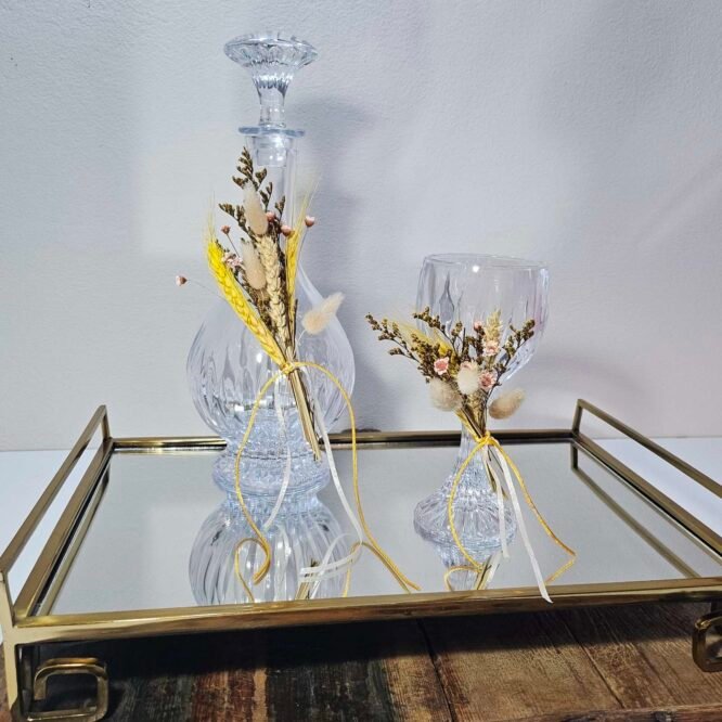 Σετ Γάμου με Καράφα & Ποτήρι – Rustic Chic με Στάχυα & Αποξηραμένα Λουλούδια