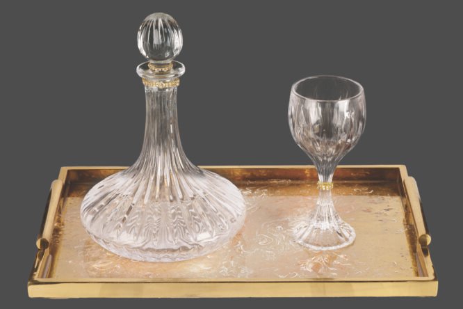 Σετ Γάμου Καράφα & Ποτήρι με Κρύσταλλο και Χρυσές Λεπτομέρειες σε Πολυτελή Δίσκο