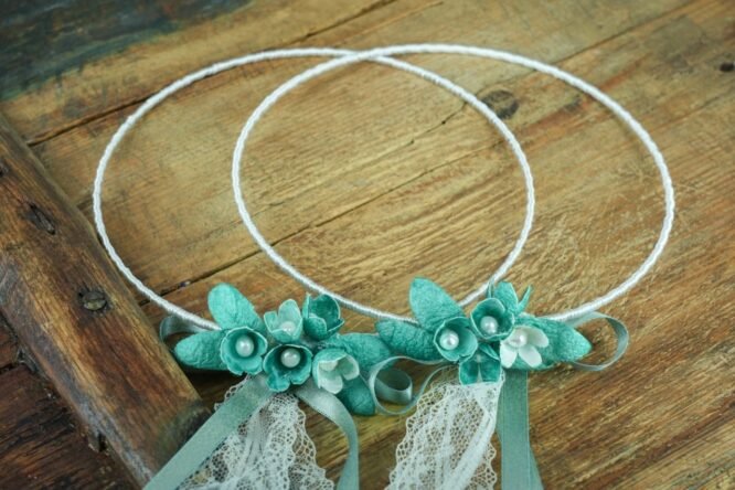 Χειροποίητα Στέφανα Γάμου με Μεταξωτά Λουλούδια σε Απόχρωση Τιρκουάζ