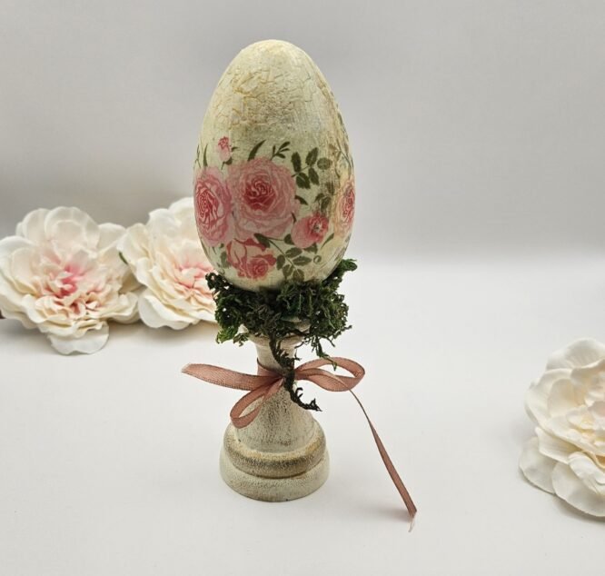 Χειροποίητο Ξύλινο Διακοσμητικό Πασχαλινό Αυγό με Τριαντάφυλλα