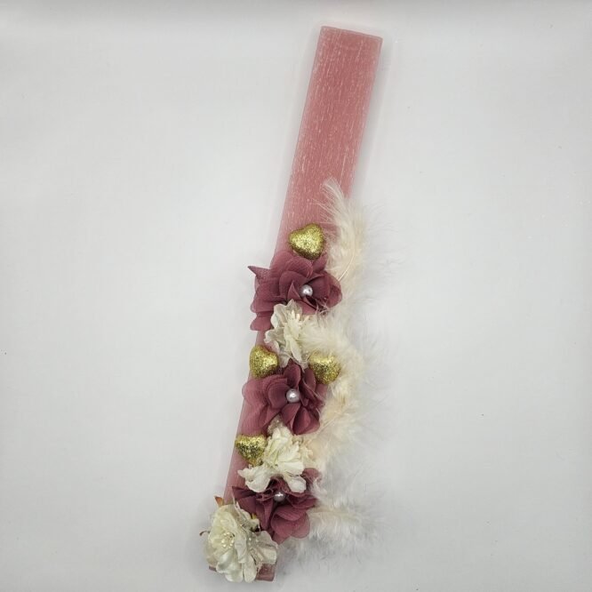 Πασχαλινή Λαμπάδα “Ροζ Ρομαντισμός” με Λουλούδια & Χρυσές Λεπτομέρειες