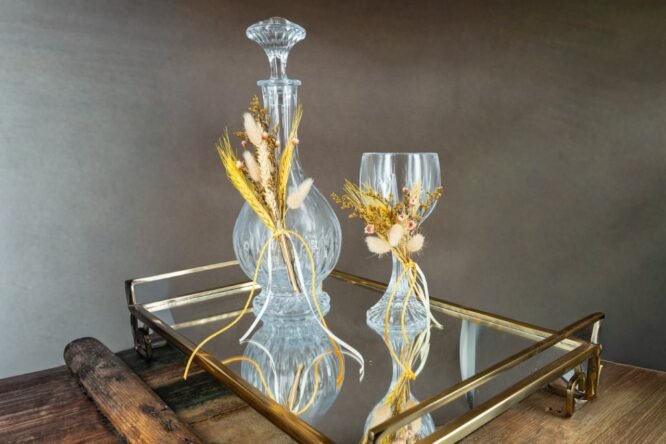 Σετ Γάμου με Καράφα & Ποτήρι – Rustic Chic με Στάχυα & Αποξηραμένα Λουλούδια