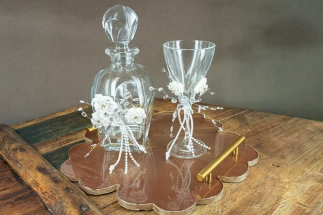 Σετ Γάμου με Καράφα, Ποτήρι & Χειροποίητο Δίσκο Υγρού Γυαλιού