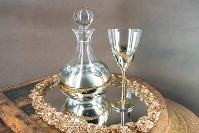 Πολυτελές Σετ Γάμου Καράφα, Ποτήρι & Δίσκος με Χρυσή Διακόσμηση