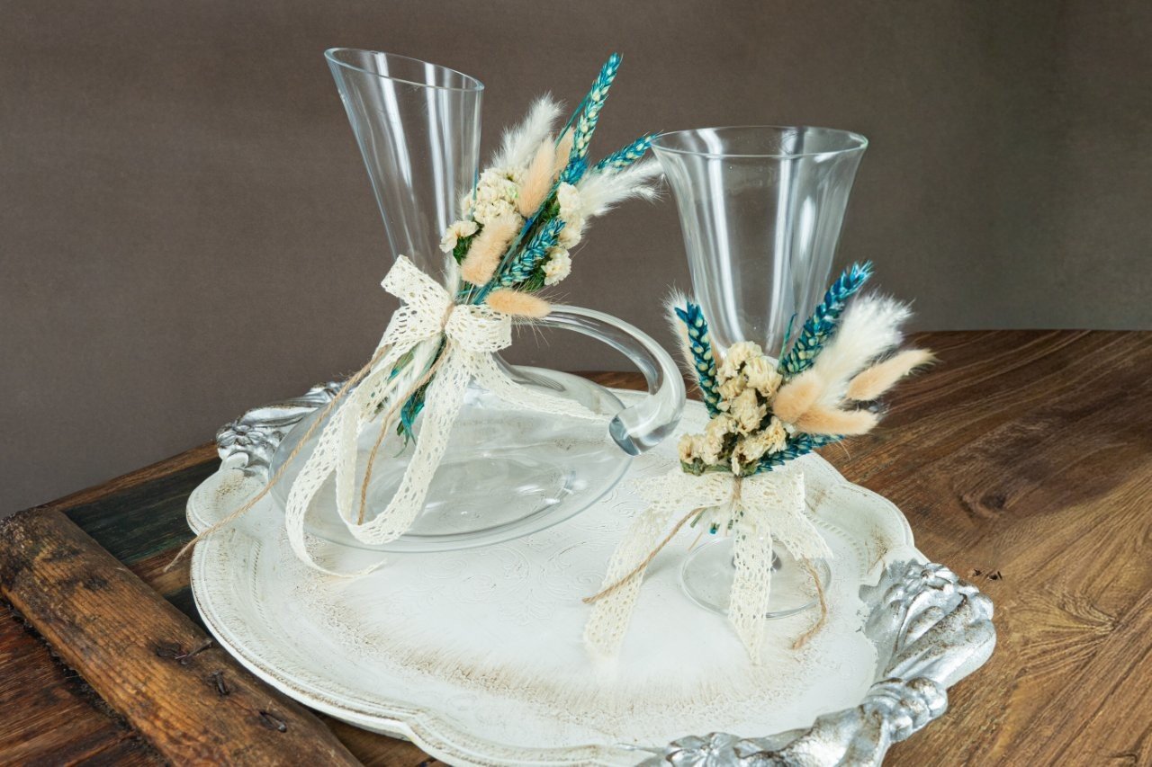 Σετ Γάμου Καράφα, Ποτήρι & Δίσκος με Φυσική Διακόσμηση 1 Σετ Γάμου Καράφα, Ποτήρι & Δίσκος με Φυσική Διακόσμηση