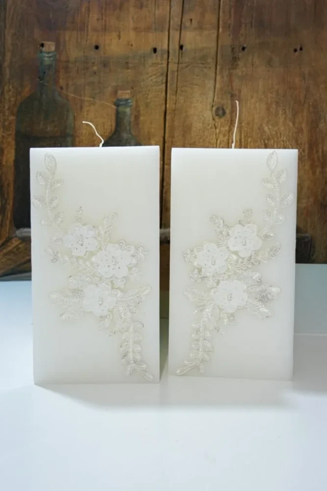 Ρομαντικές Λαμπάδες Γάμου Ivory Lace Elegance 4 κυβ1